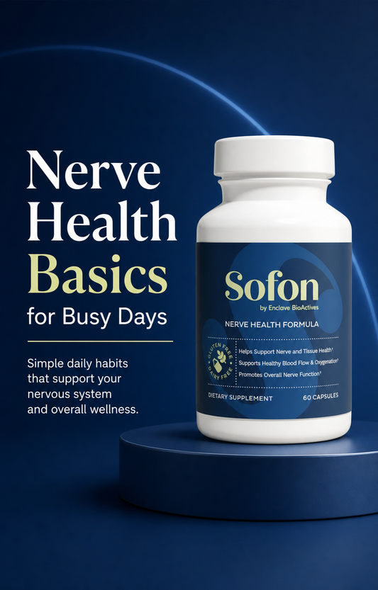Sofon bottle with headline Nerve Health Basics for Busy Days